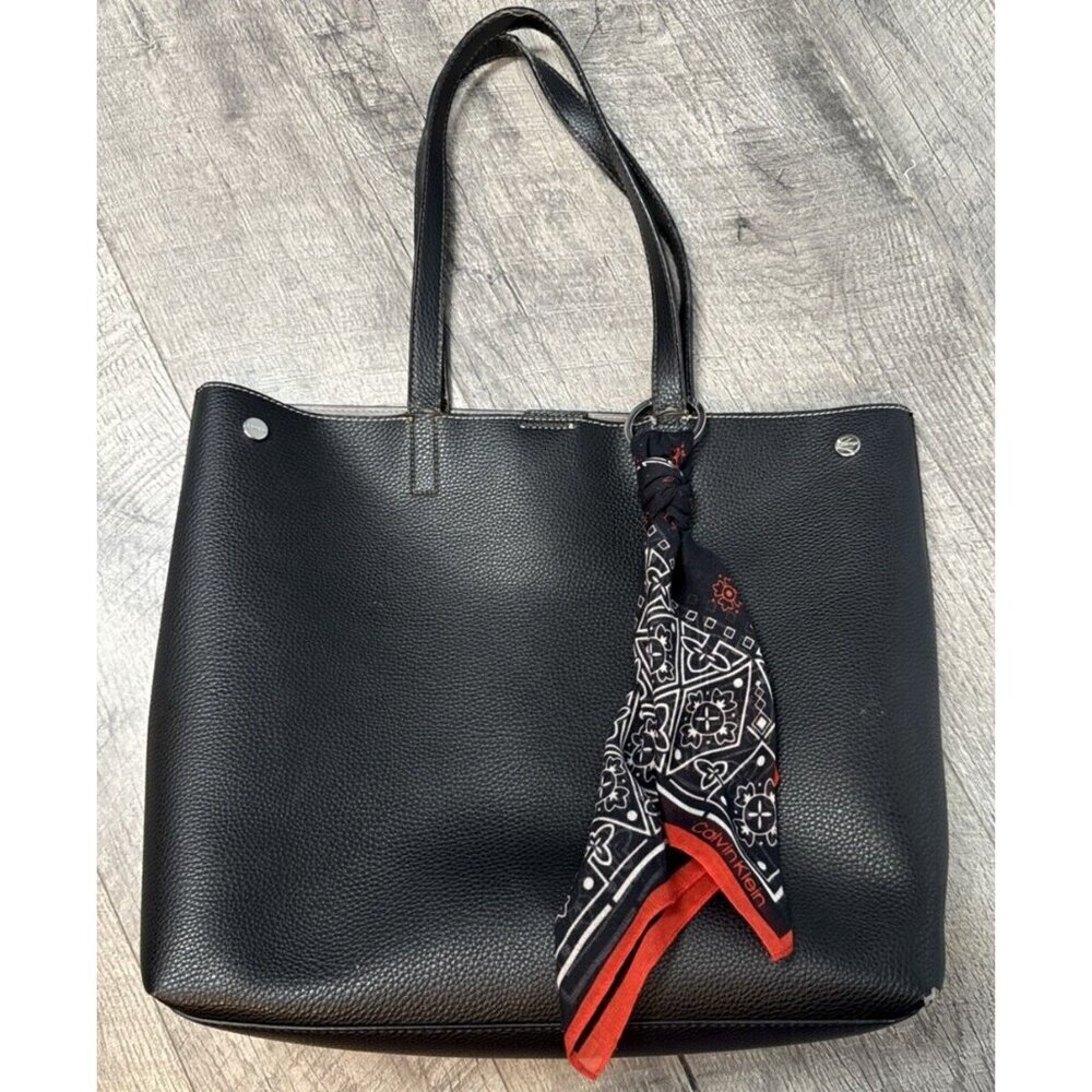 Calvin Klein Tote Bag Handbag Black Faux Leather Inside Pockets with Sash 13x17"